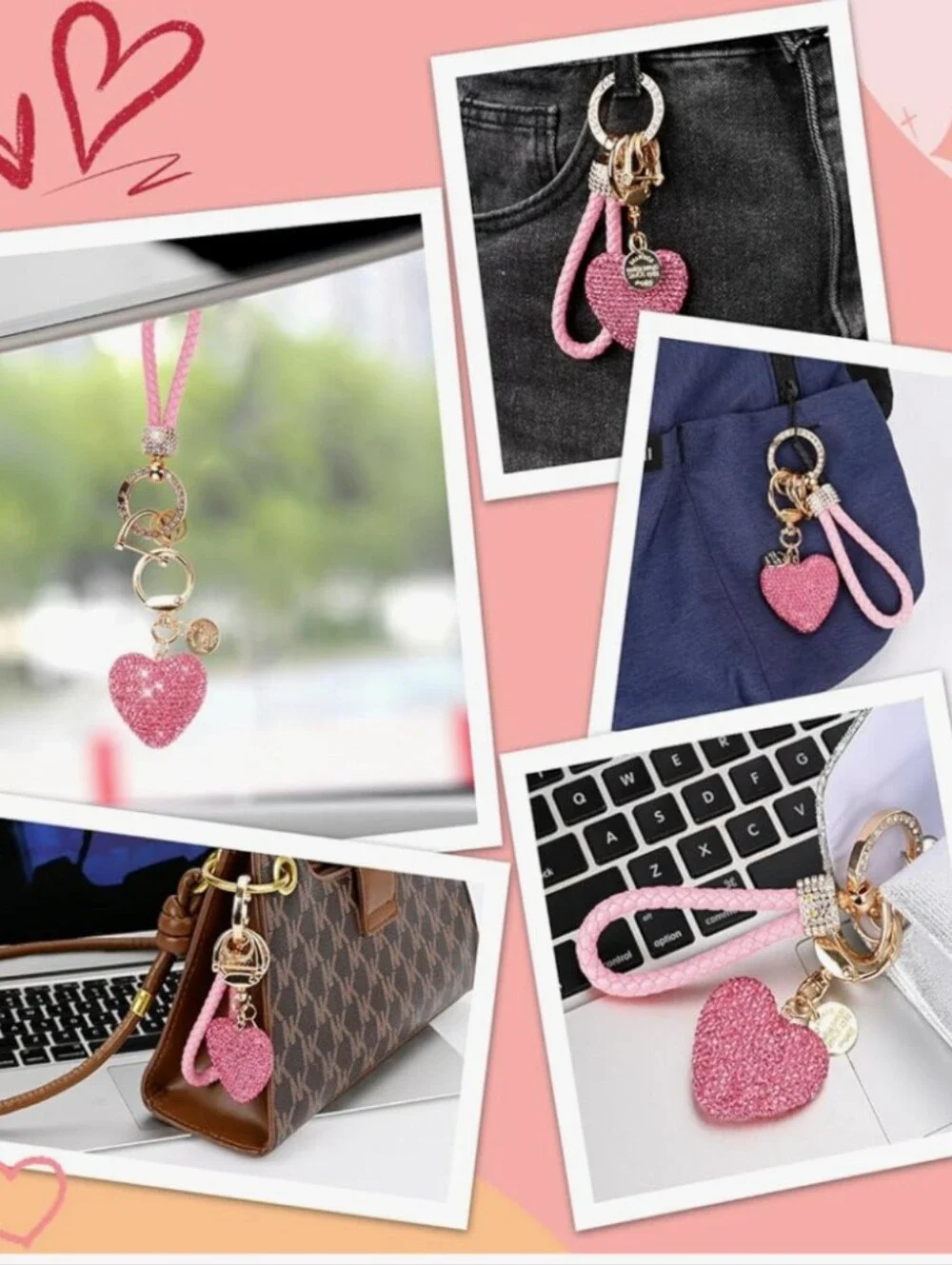 Pink Crystal Heart Keychain Bag Charm